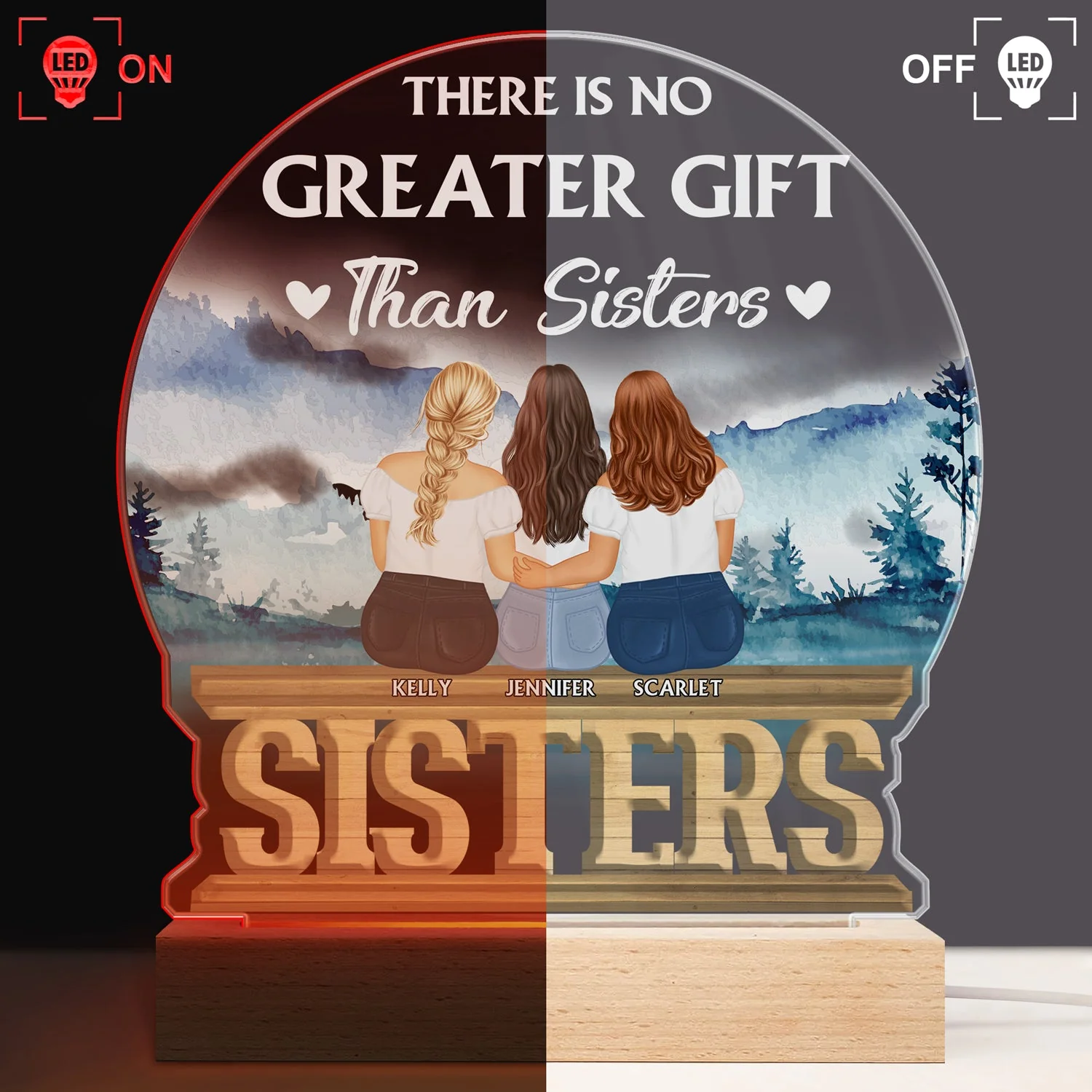 Sisters Forever Never Apart - Gift For Sisters And Best Friends - Personalized Custom 3D Led Light Wooden Base - Image 3