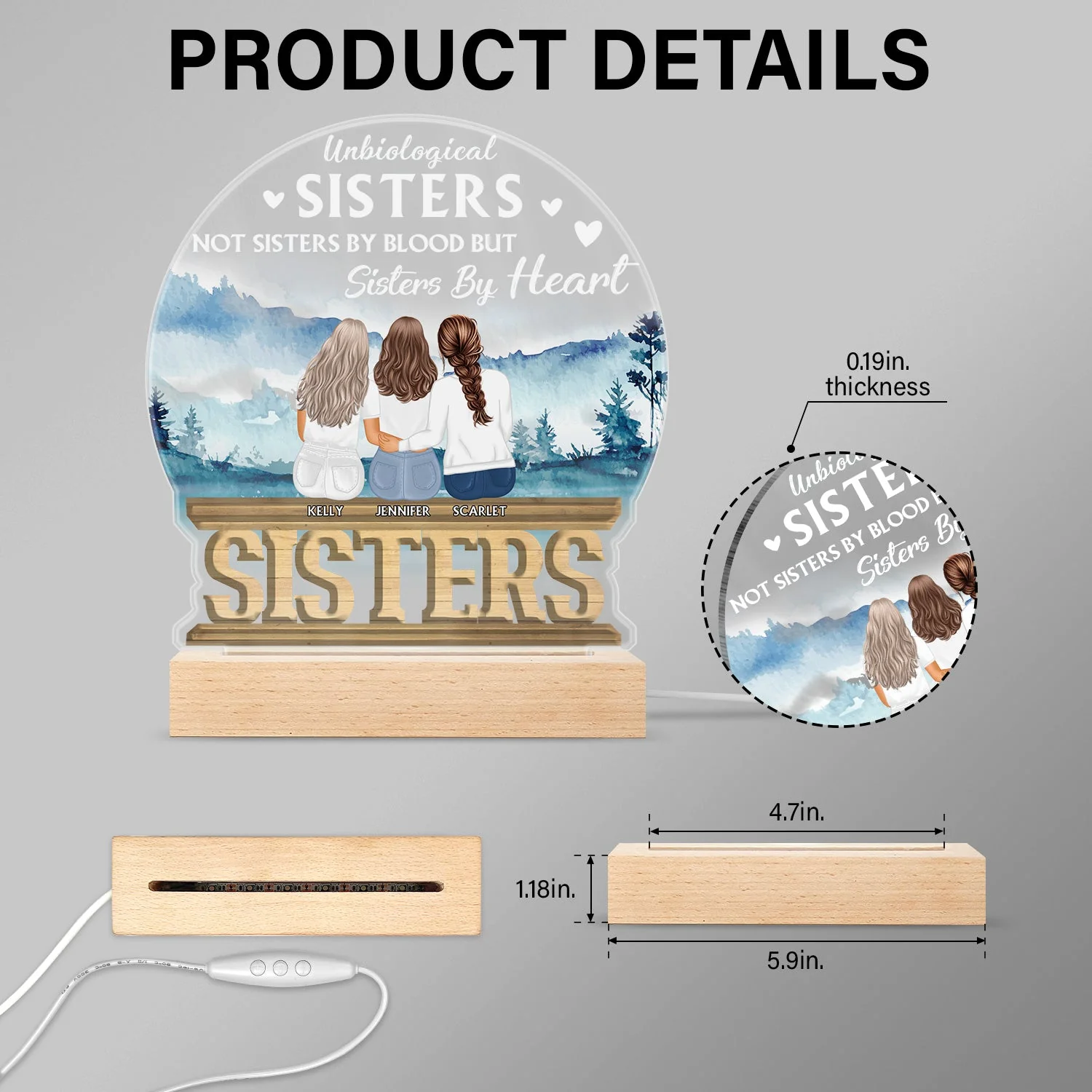 Sisters Forever Never Apart - Gift For Sisters And Best Friends - Personalized Custom 3D Led Light Wooden Base - Image 5