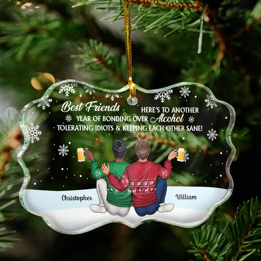 Sitting Besties Here's To Another Year Of Us - Personalized Medallion Glass Ornament - Image 4