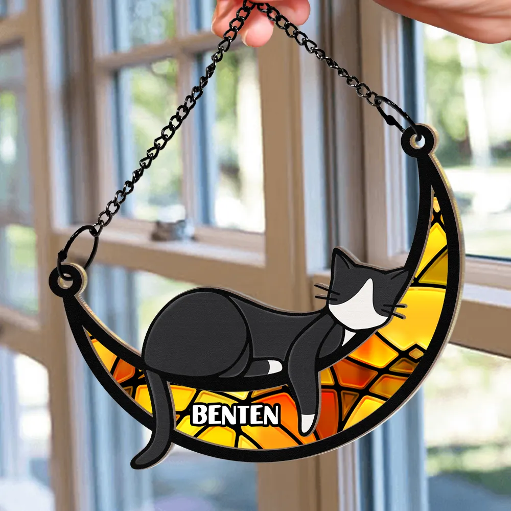 Sleeping Cat On Moon - Personalized Window Hanging Suncatcher Ornament - Image 2