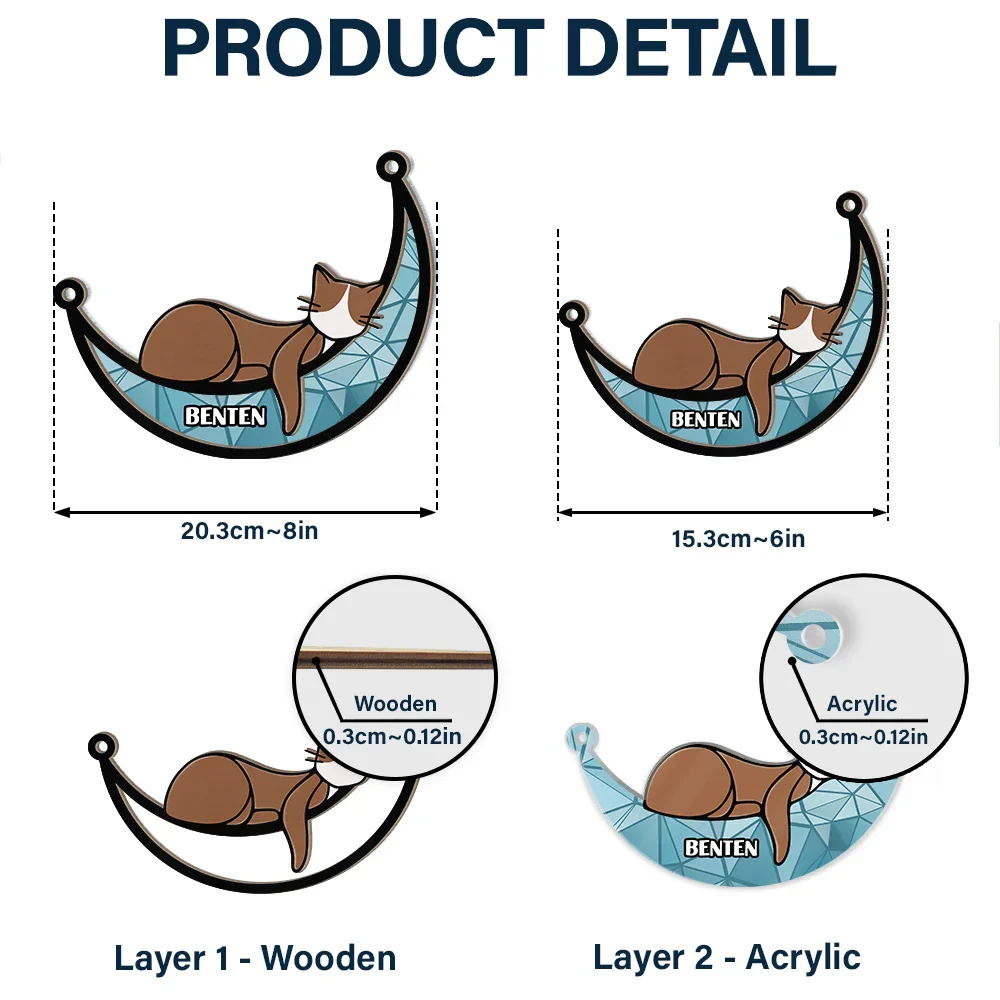 Sleeping Cat On Moon - Personalized Window Hanging Suncatcher Ornament - Image 5