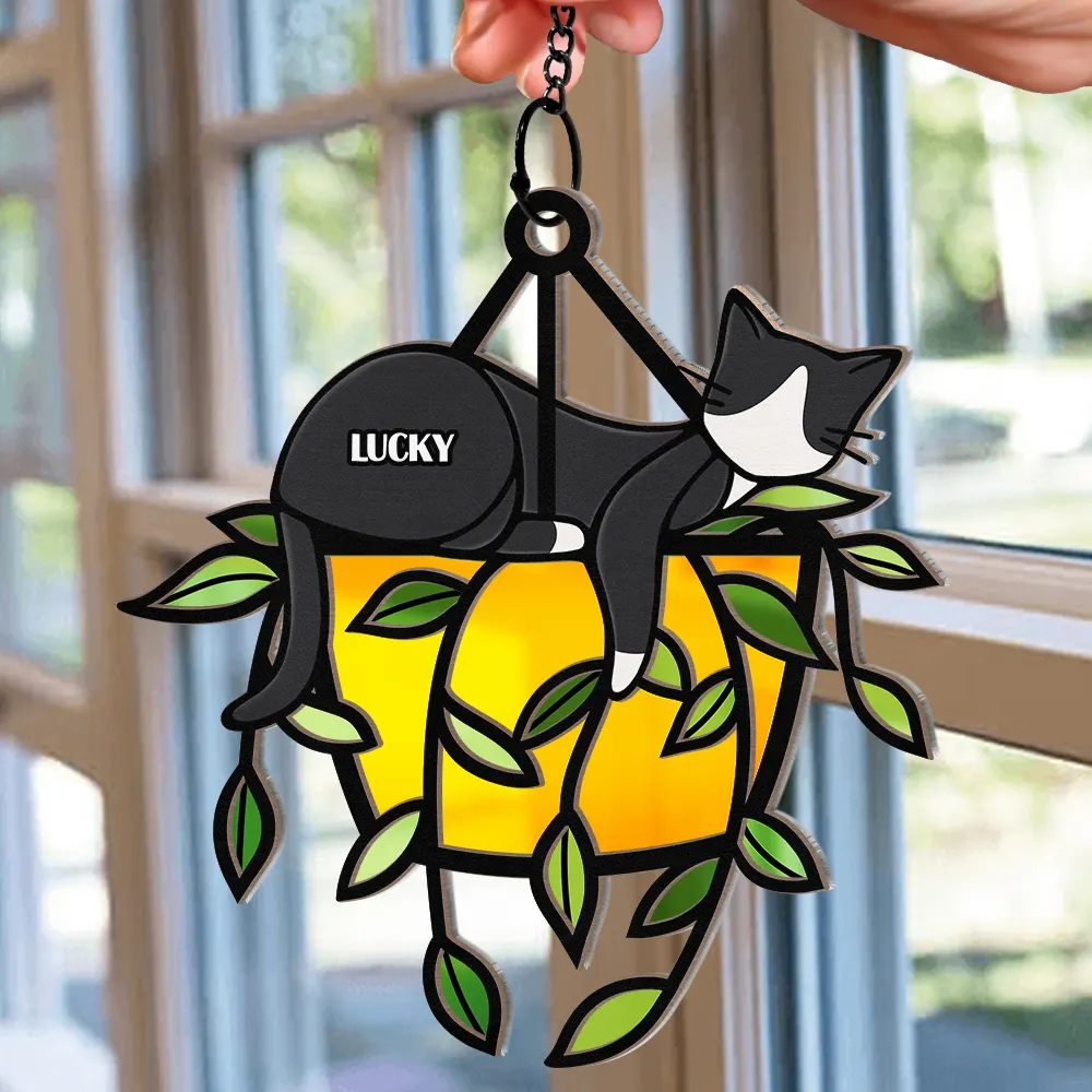 Sleeping Cat On Plant Pot - Personalized Window Hanging Suncatcher Ornament - Image 2