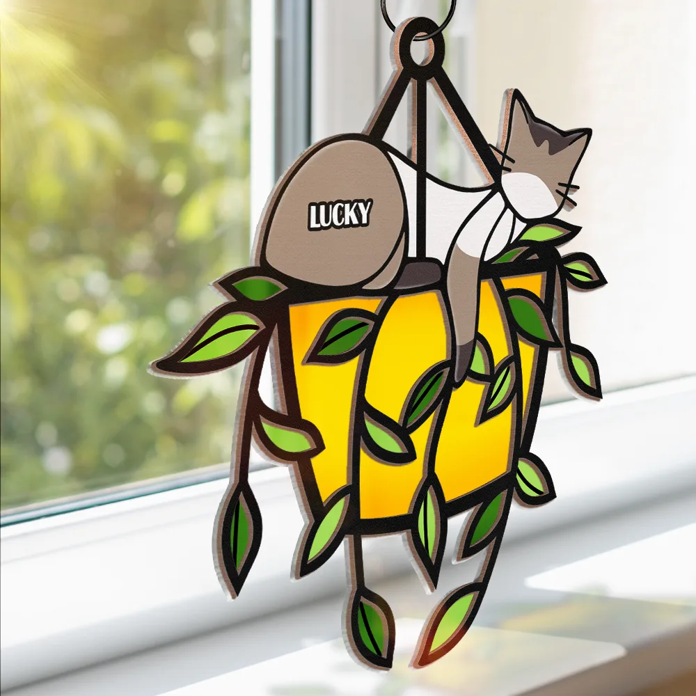 Sleeping Cat On Plant Pot - Personalized Window Hanging Suncatcher Ornament - Image 3
