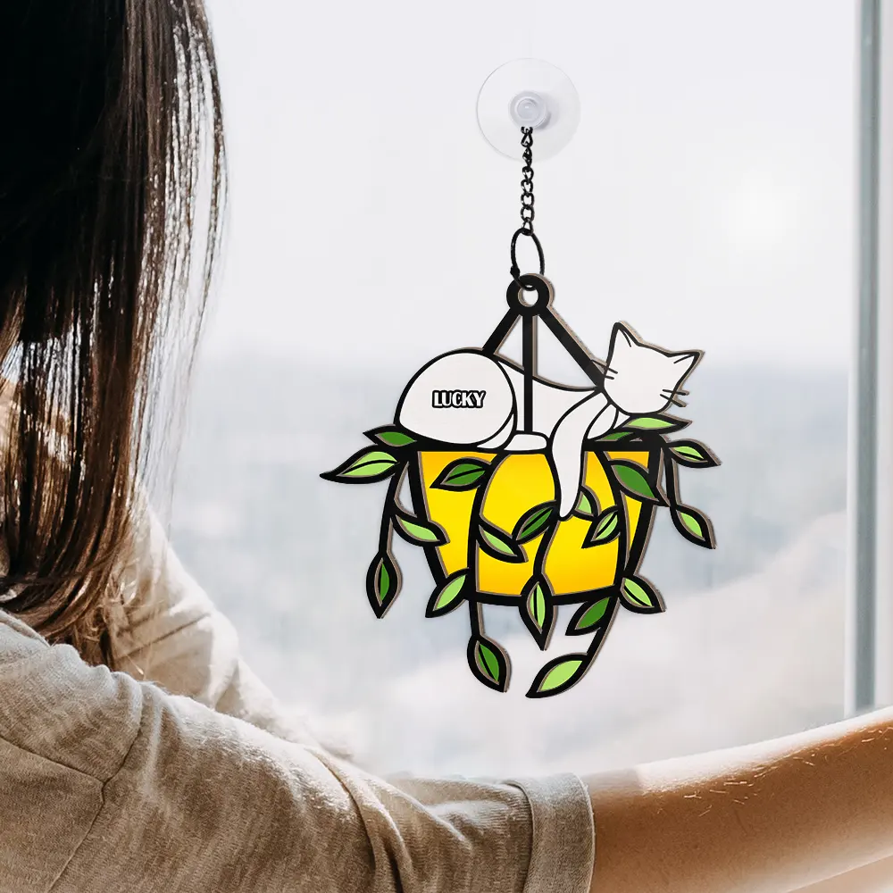 Sleeping Cat On Plant Pot - Personalized Window Hanging Suncatcher Ornament - Image 4