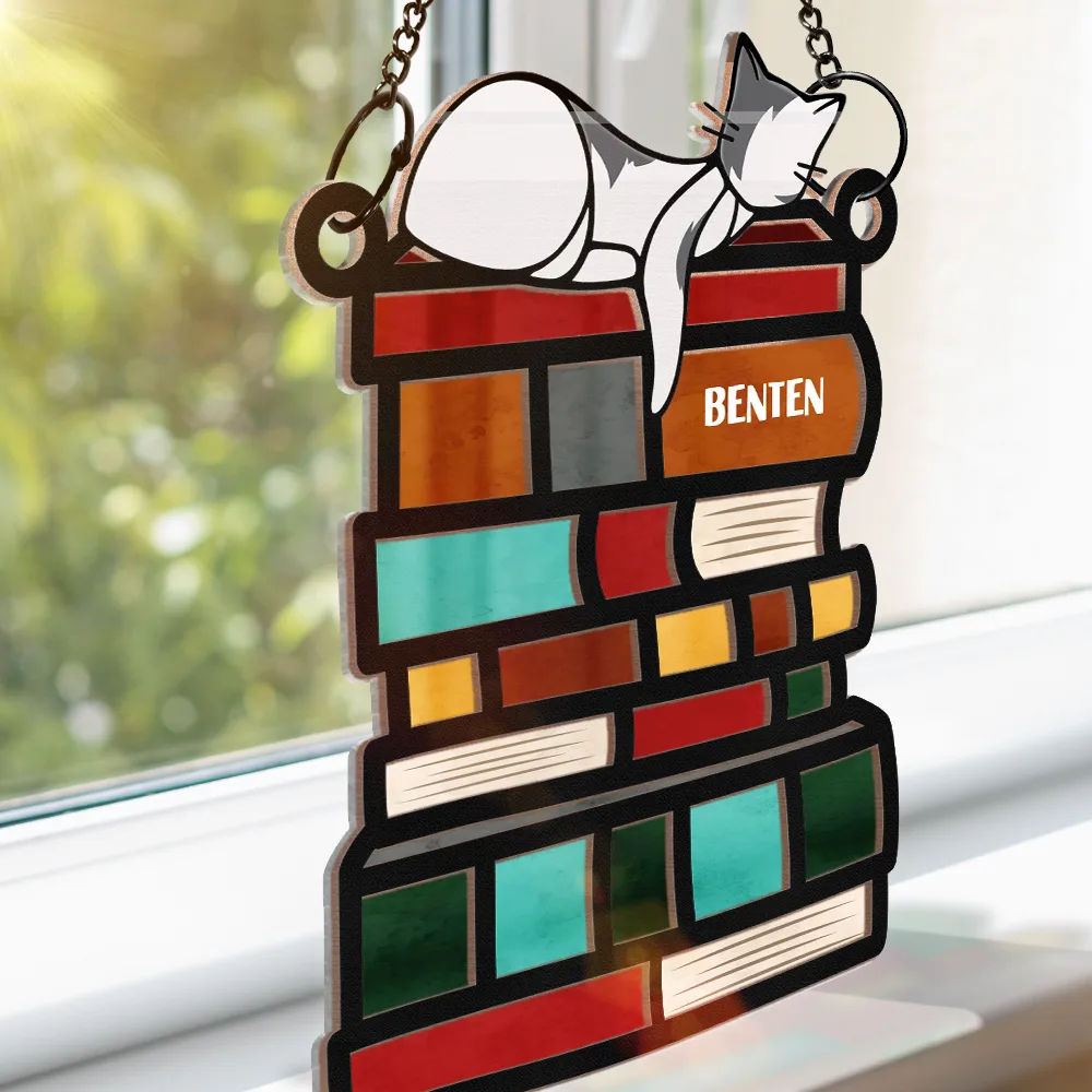 Sleeping Cat On The Books - Personalized Window Hanging Suncatcher Ornament - Image 3