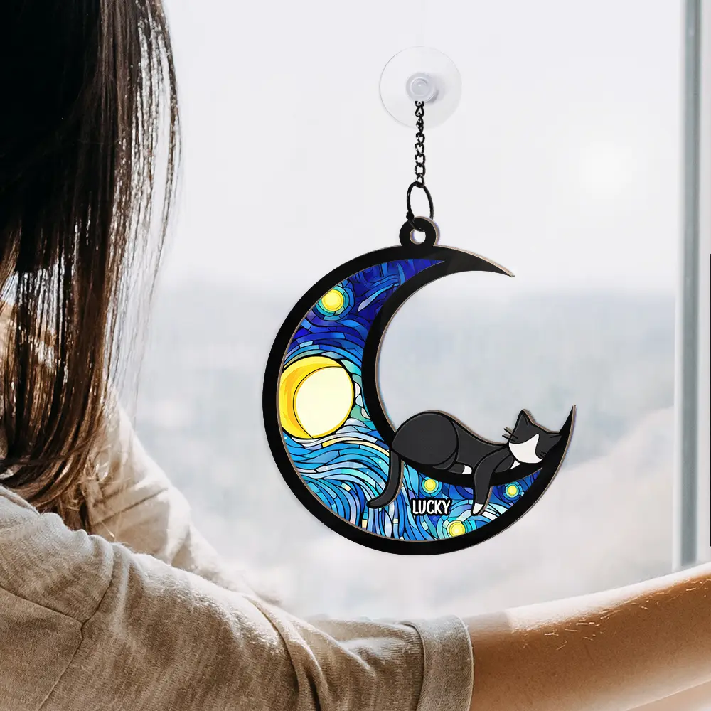 Sleeping Cat On The Moon Ver 2 - Personalized Window Hanging Suncatcher Ornament - Image 4