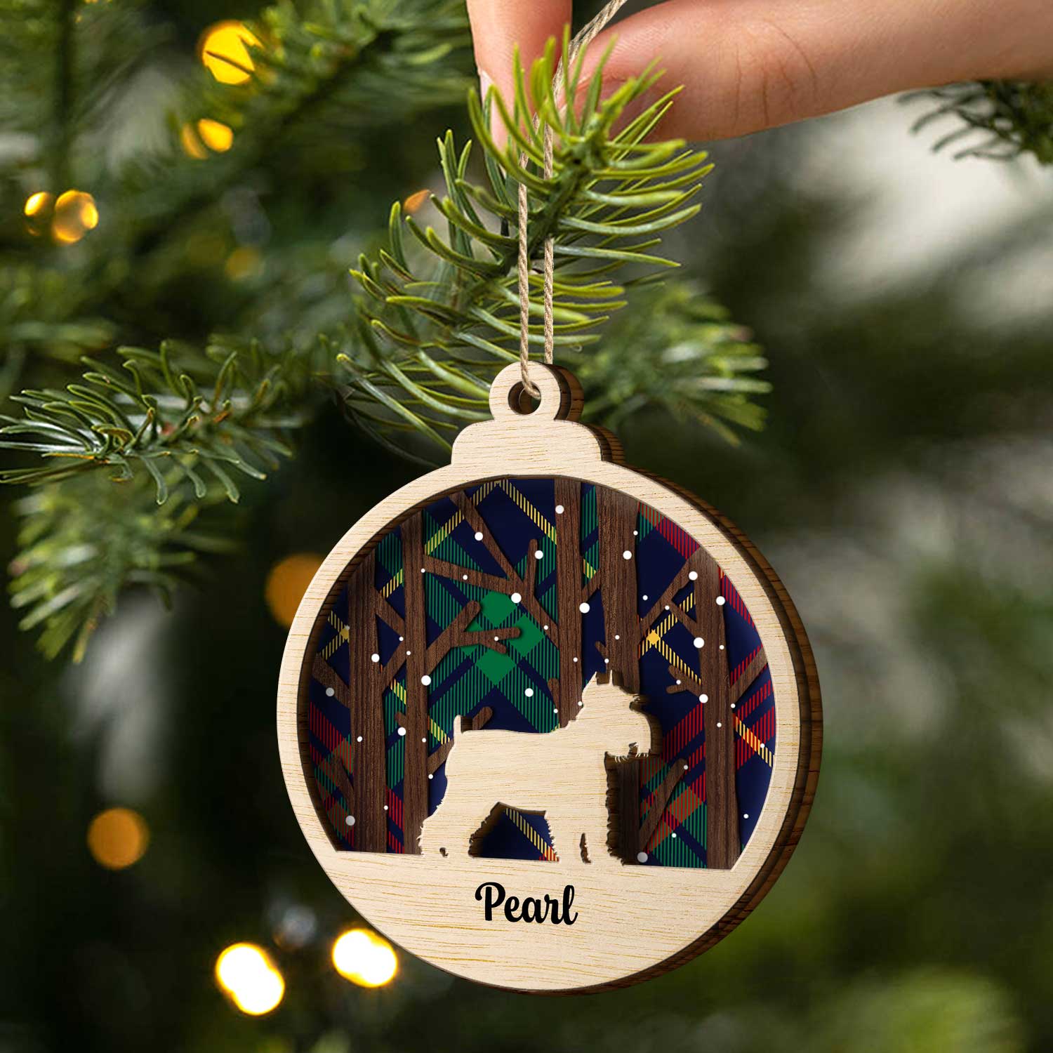 Snow Scene Plaid Wood Dog - Christmas Gift For Dog Lovers - Personalized 2-Layered Wooden Ornament - Image 2