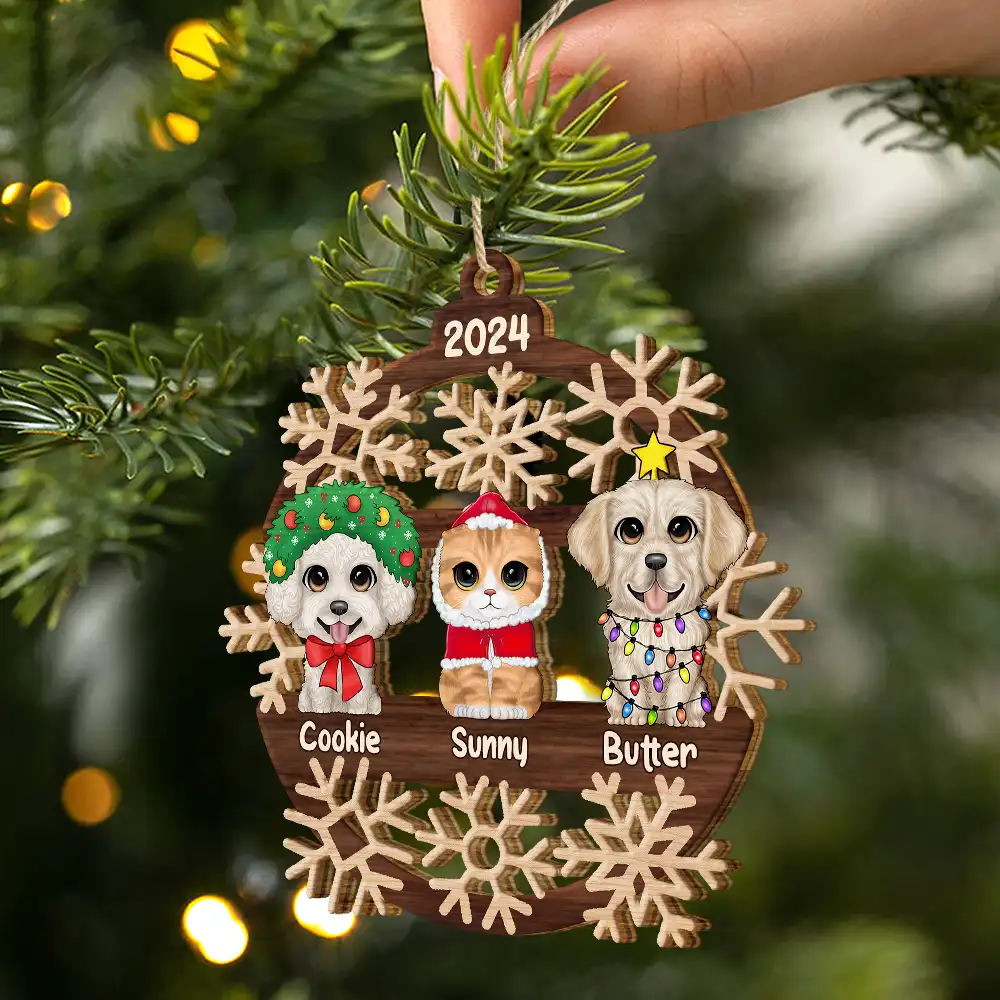 Snowflake Christmas Dogs Cats - Personalized Wooden Cutout Ornament - Image 2