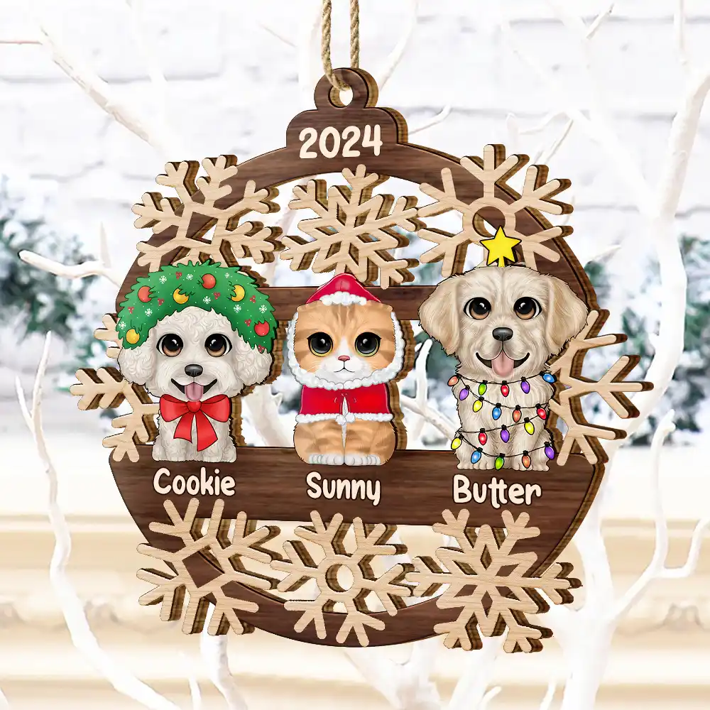 Snowflake Christmas Dogs Cats - Personalized Wooden Cutout Ornament - Image 4
