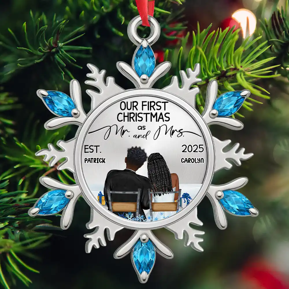Snowflake First Christmas Couple - Personalized Metal Ornament - Image 2