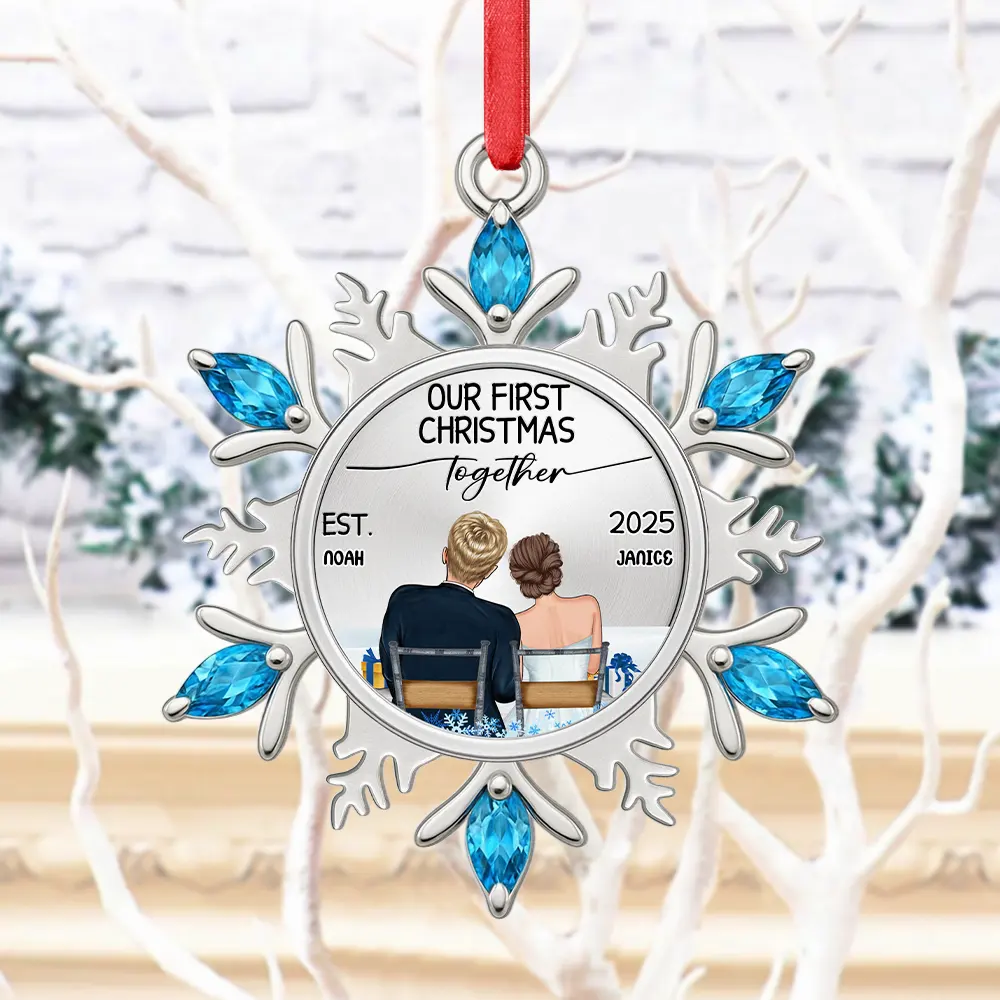 Snowflake First Christmas Couple - Personalized Metal Ornament - Image 5
