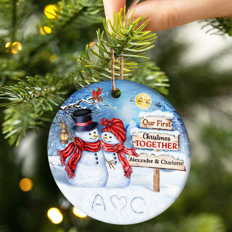 Snowman Couple Our First Christmas Together - Christmas Gift For Couple - Personalized Custom Circle Ceramic Ornament - Image 2