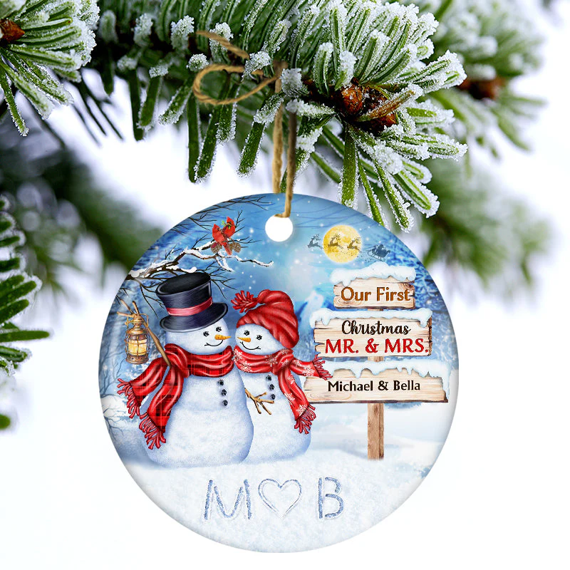 Snowman Couple Our First Christmas Together - Christmas Gift For Couple - Personalized Custom Circle Ceramic Ornament - Image 3