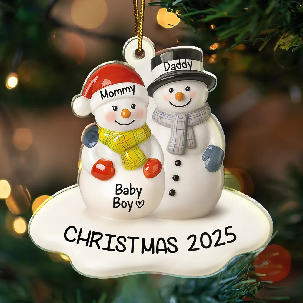 Snowman Couple We're Expecting Ceramic Effect - Personalized Custom Shaped Acrylic Ornament - Image 3