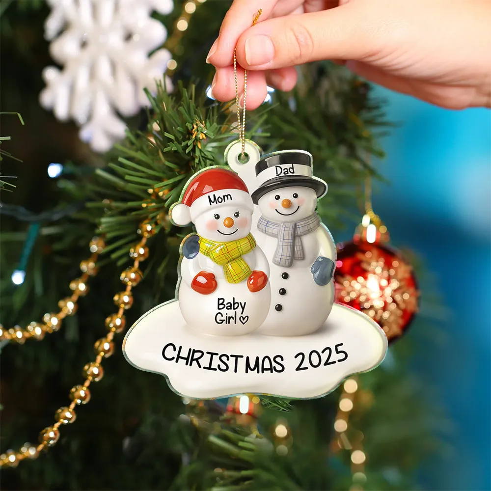 Snowman Couple We're Expecting Ceramic Effect - Personalized Custom Shaped Acrylic Ornament - Image 4