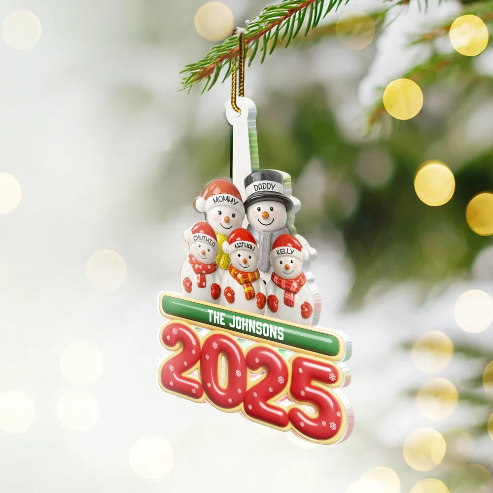 Snowman Family Ceramic Effect 2025 - Personalized Custom Shaped Acrylic Ornament - Image 2