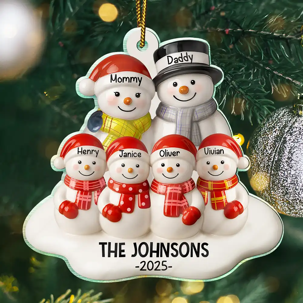 Snowman Family Ceramic Effect - Personalized Custom Shaped Acrylic Ornament