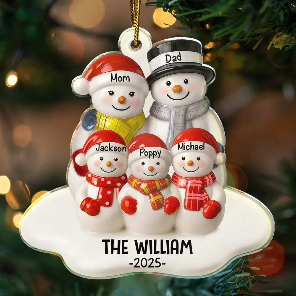 Snowman Family Ceramic Effect - Personalized Custom Shaped Acrylic Ornament - Image 3