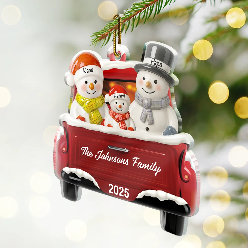 Snowman Family Ceramic Effect Red Truck - Personalized Custom Shaped Acrylic Ornament - Image 2