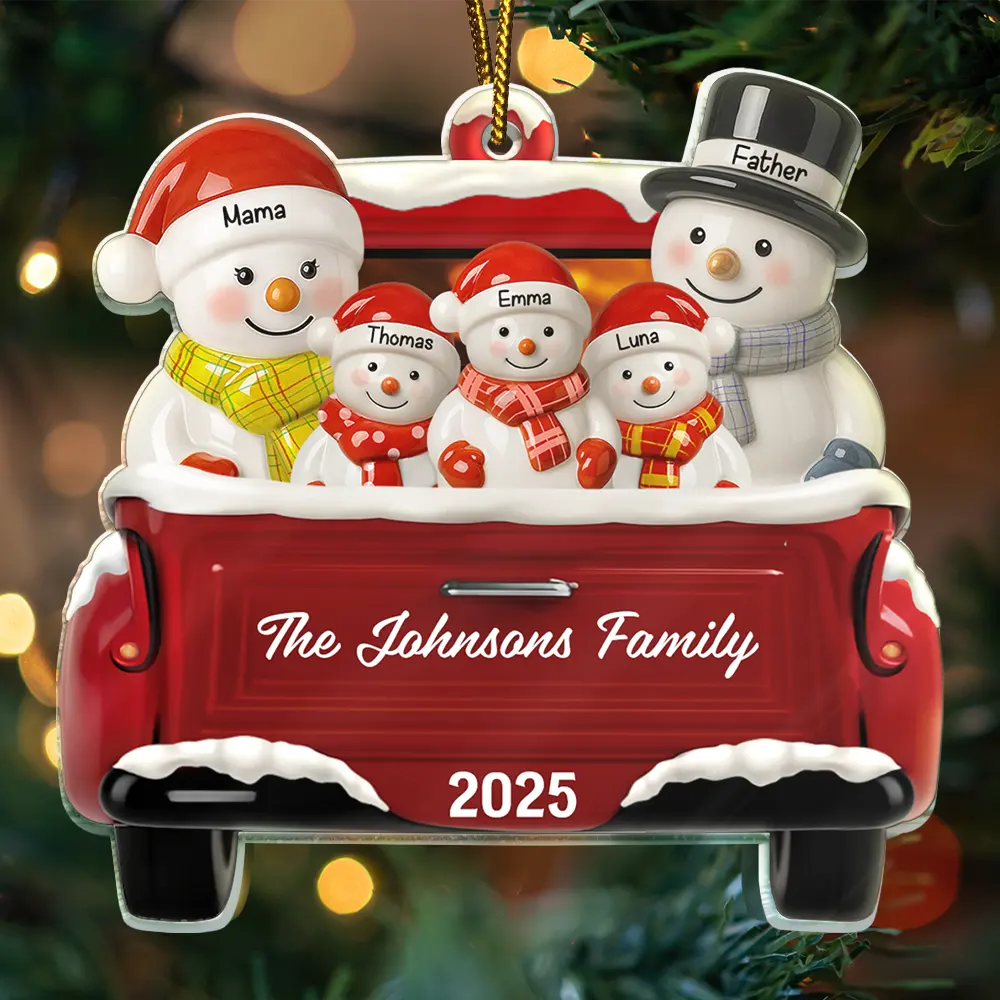 Snowman Family Ceramic Effect Red Truck - Personalized Custom Shaped Acrylic Ornament - Image 3