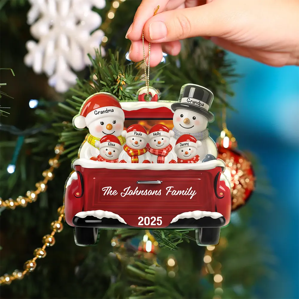 Snowman Family Ceramic Effect Red Truck - Personalized Custom Shaped Acrylic Ornament - Image 4
