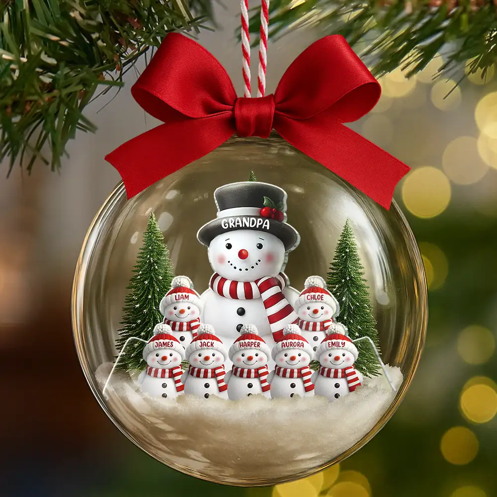 Snowman Family Grandma Grandpa Kids - Personalized 3D Acrylic Ball Ornament - Image 3