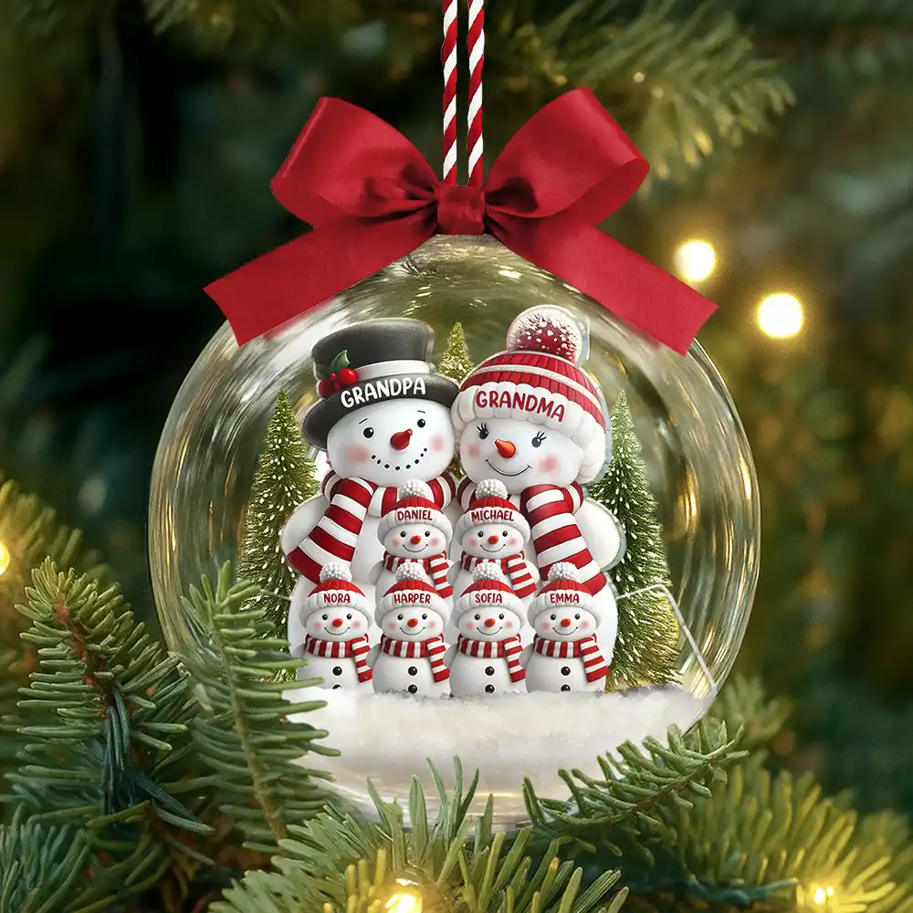 Snowman Family Grandma Grandpa Kids - Personalized 3D Acrylic Ball Ornament - Image 5
