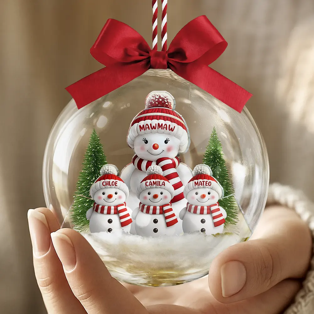 Snowman Family Grandma Grandpa Kids - Personalized 3D Acrylic Ball Ornament - Image 6