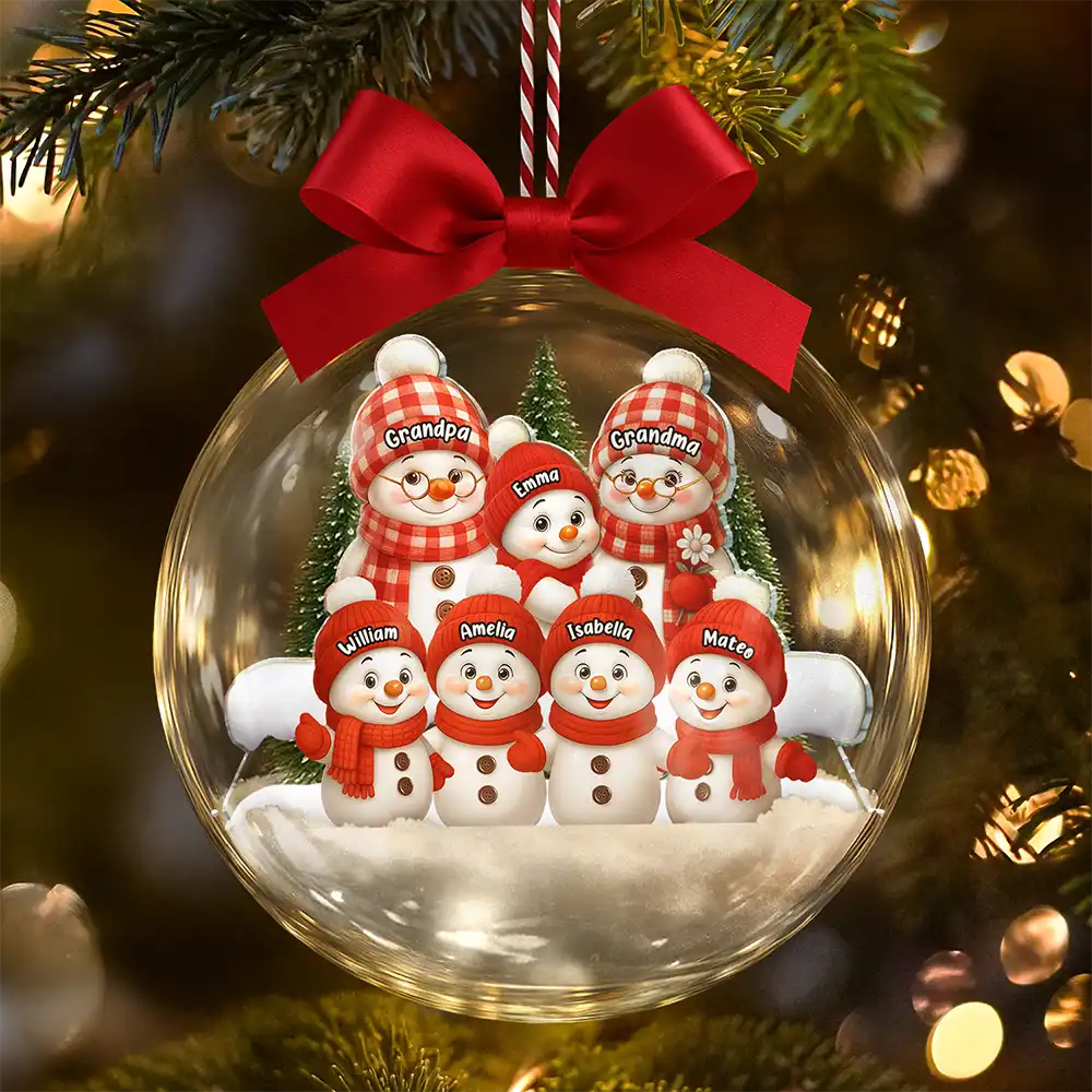 Snowman Grandma Grandpa Grandkids - Personalized 3D Acrylic Ball Ornament - Image 2