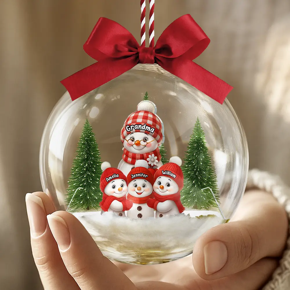 Snowman Grandma Grandpa Grandkids - Personalized 3D Acrylic Ball Ornament - Image 5