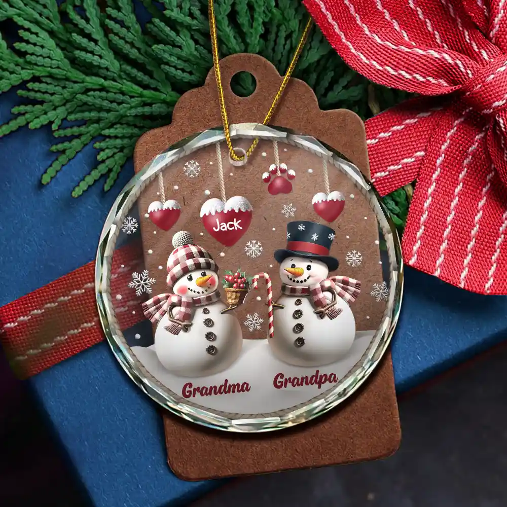 Snowman Grandma Grandpa Grandkids - Personalized Circle Glass Ornament - Image 5