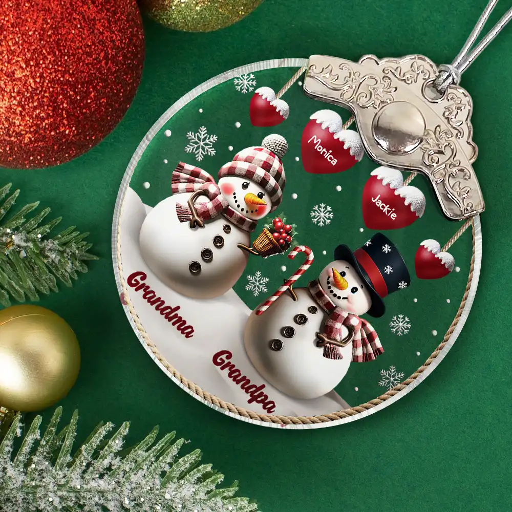 Snowman Grandma Grandpa Grandkids - Personalized Glass Ornament With Silver Cap - Image 2