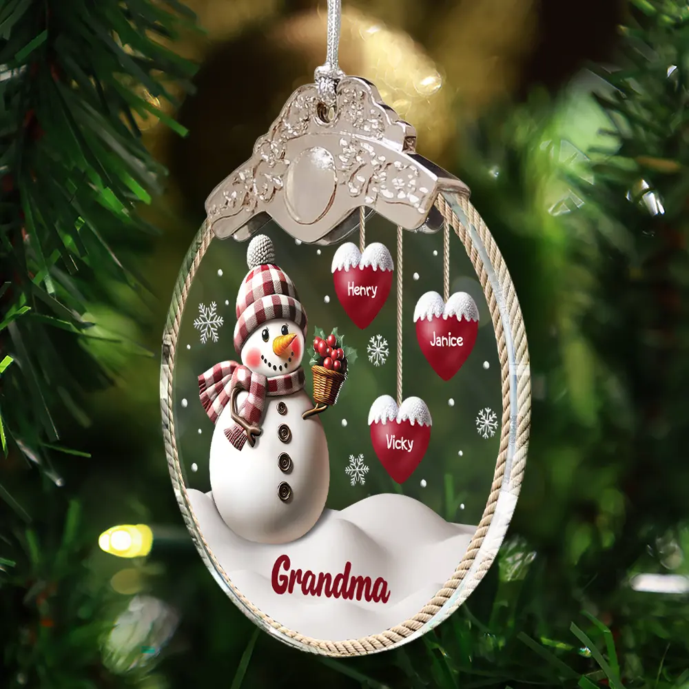 Snowman Grandma Grandpa Grandkids - Personalized Glass Ornament With Silver Cap - Image 4