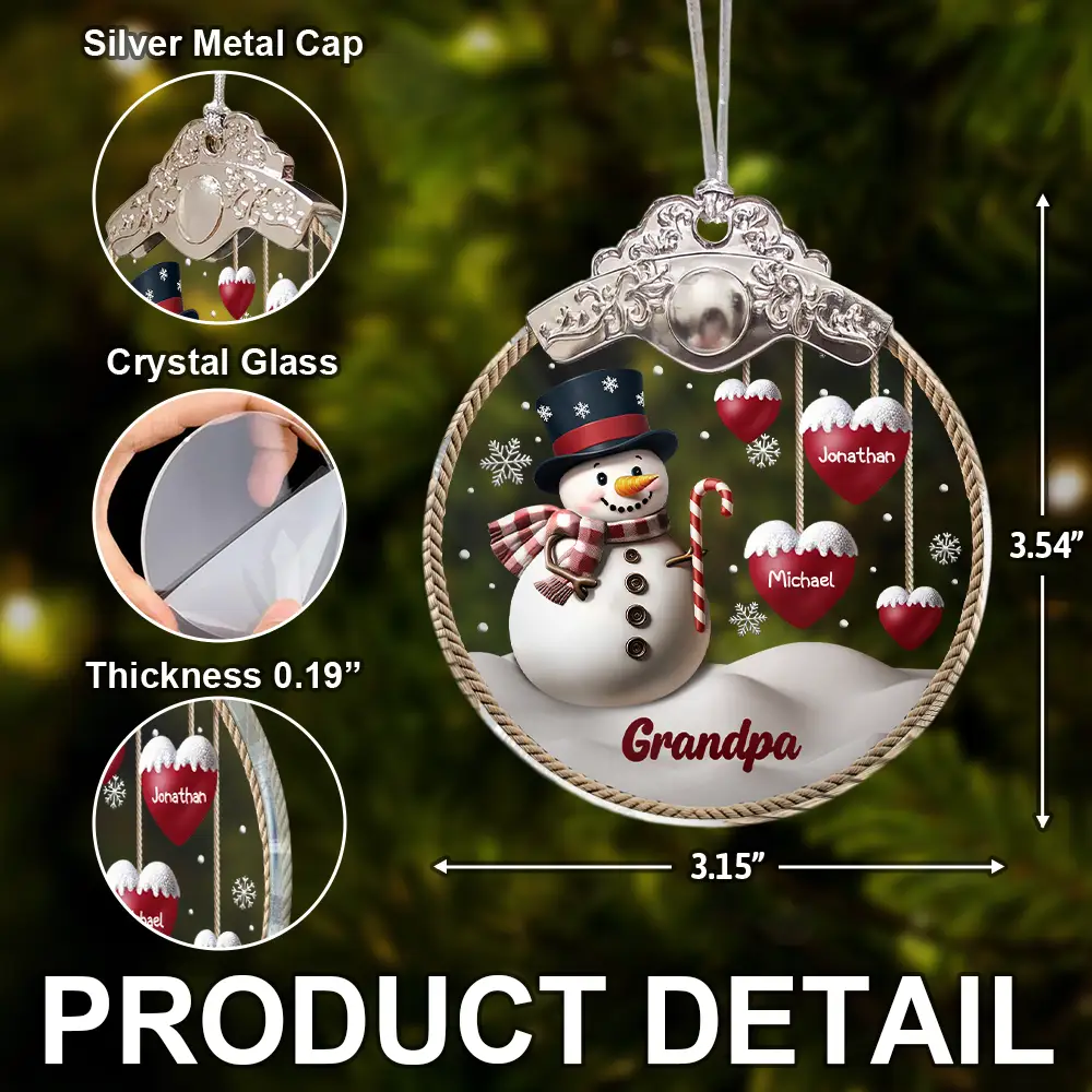 Snowman Grandma Grandpa Grandkids - Personalized Glass Ornament With Silver Cap - Image 5