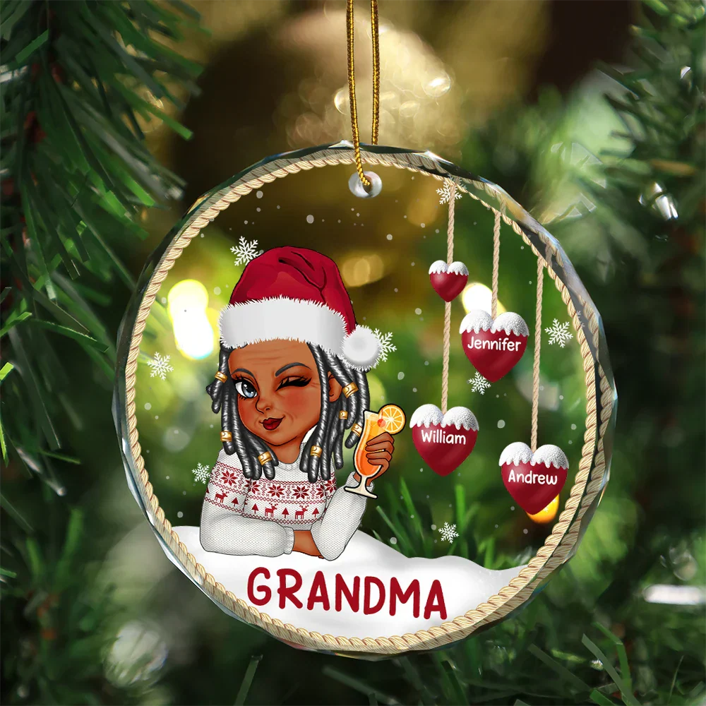 Snowman Grandma Mom - Personalized Circle Glass Ornament - Image 3