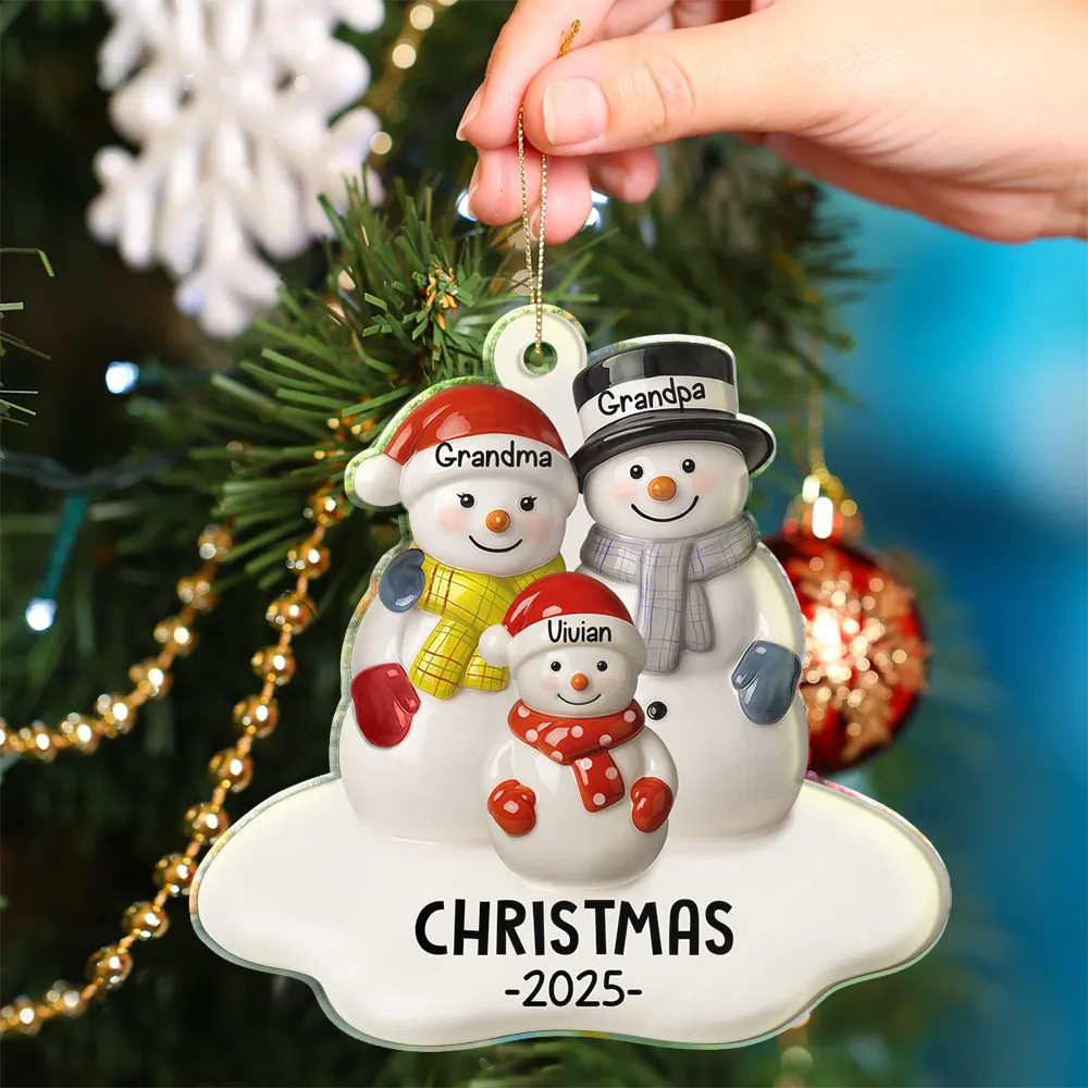 Snowman Grandparents Ceramic Effect - Personalized Custom Shaped Acrylic Ornament - Image 4