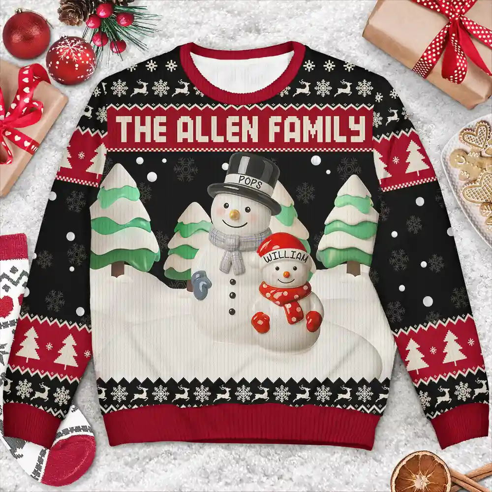 Snowman Grandparents Ceramic Effect - Personalized Unisex Ugly Sweater - Image 3
