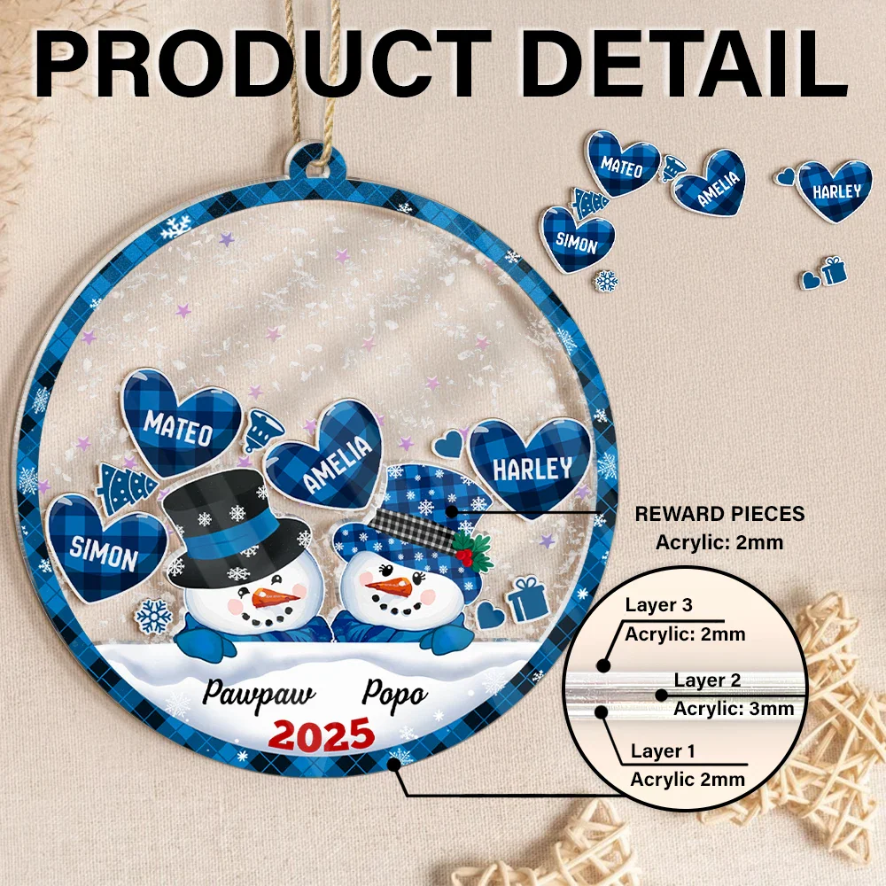 Snowman Papa & Nana Christmas - Personalized 3-Layered Acrylic Shaker Ornament - Image 2