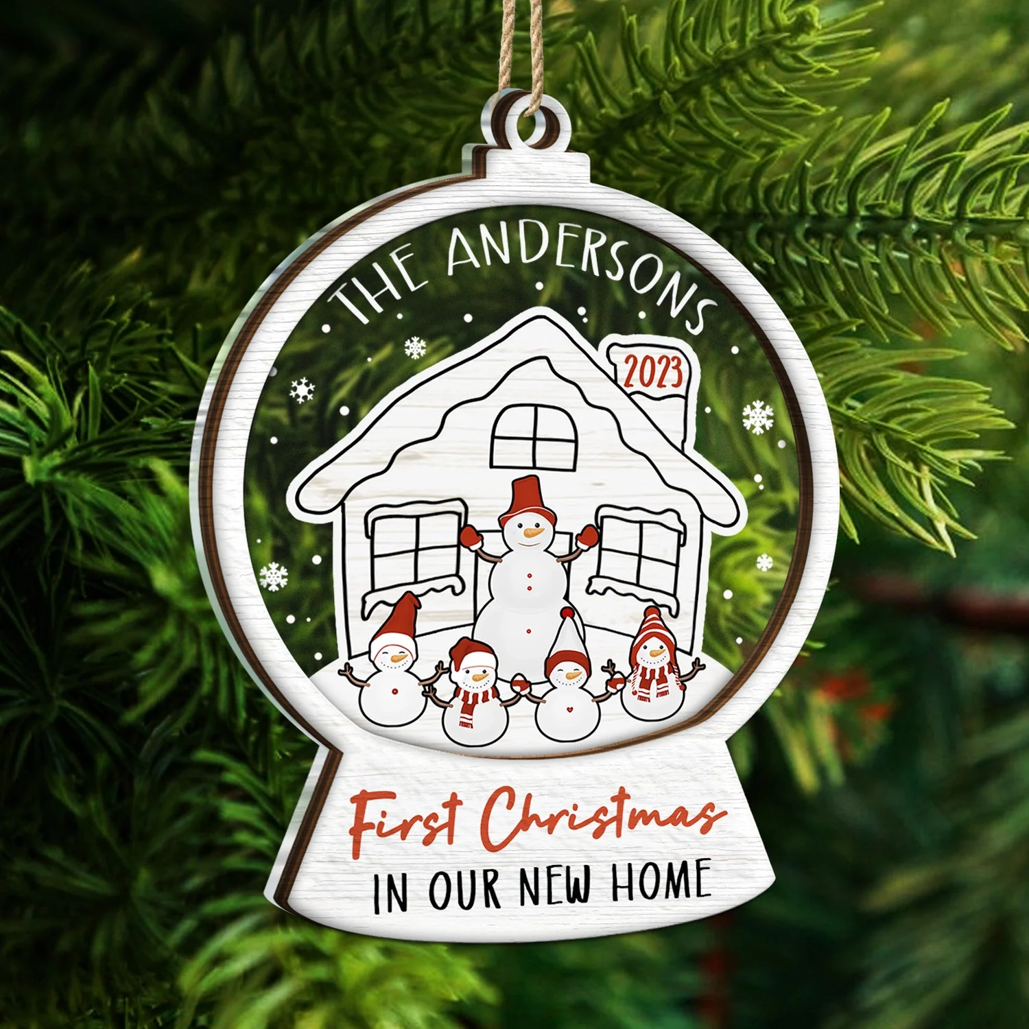 Snowmen Family First Christmas In Our New Home - Gift For Couples And Parents - Personalized 2-Layered Mix Ornament - Image 5