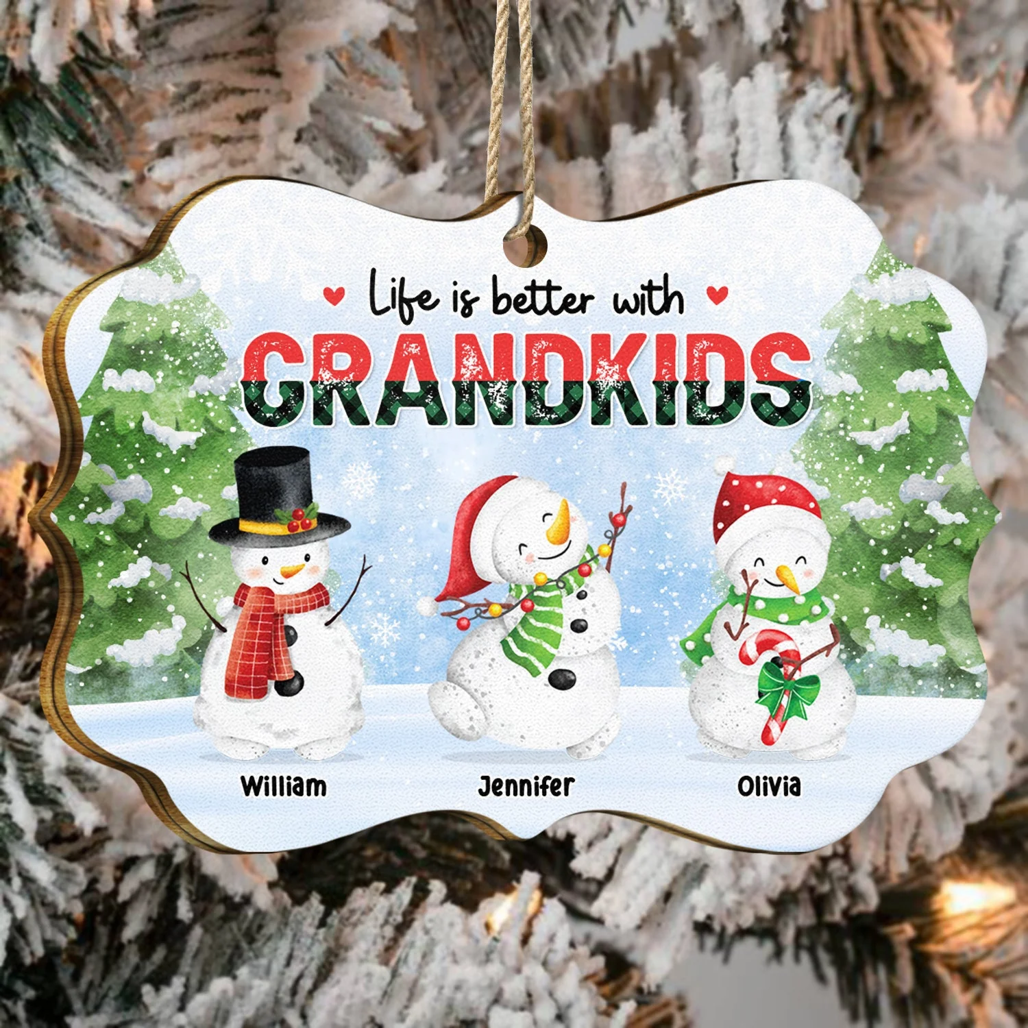Snowmen Grandkids Melt My Heart - Christmas, Gift For Grandparents - Personalized Medallion Wooden Ornament - Image 4