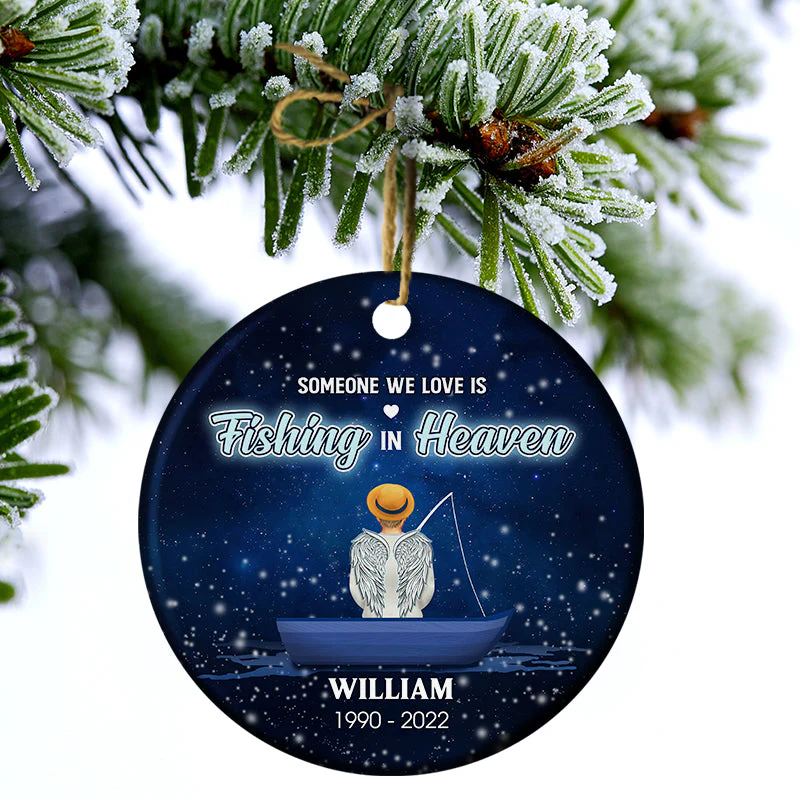 Someone We Love Is Fishing In Heaven - Family Memorial Gift - Personalized Custom Circle Ceramic Ornament - Image 3