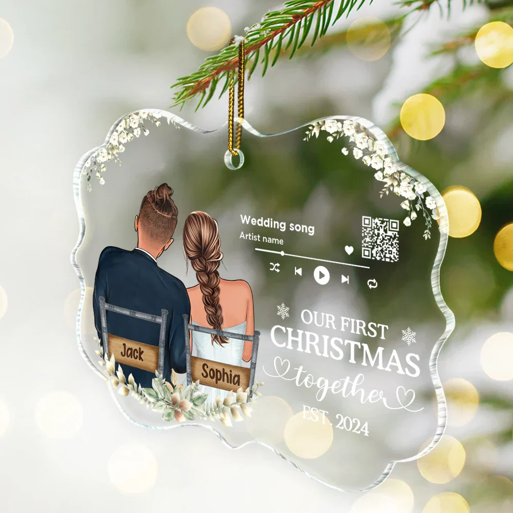 Song QR Code First Christmas Couples - Personalized Medallion Acrylic Ornament - Image 3