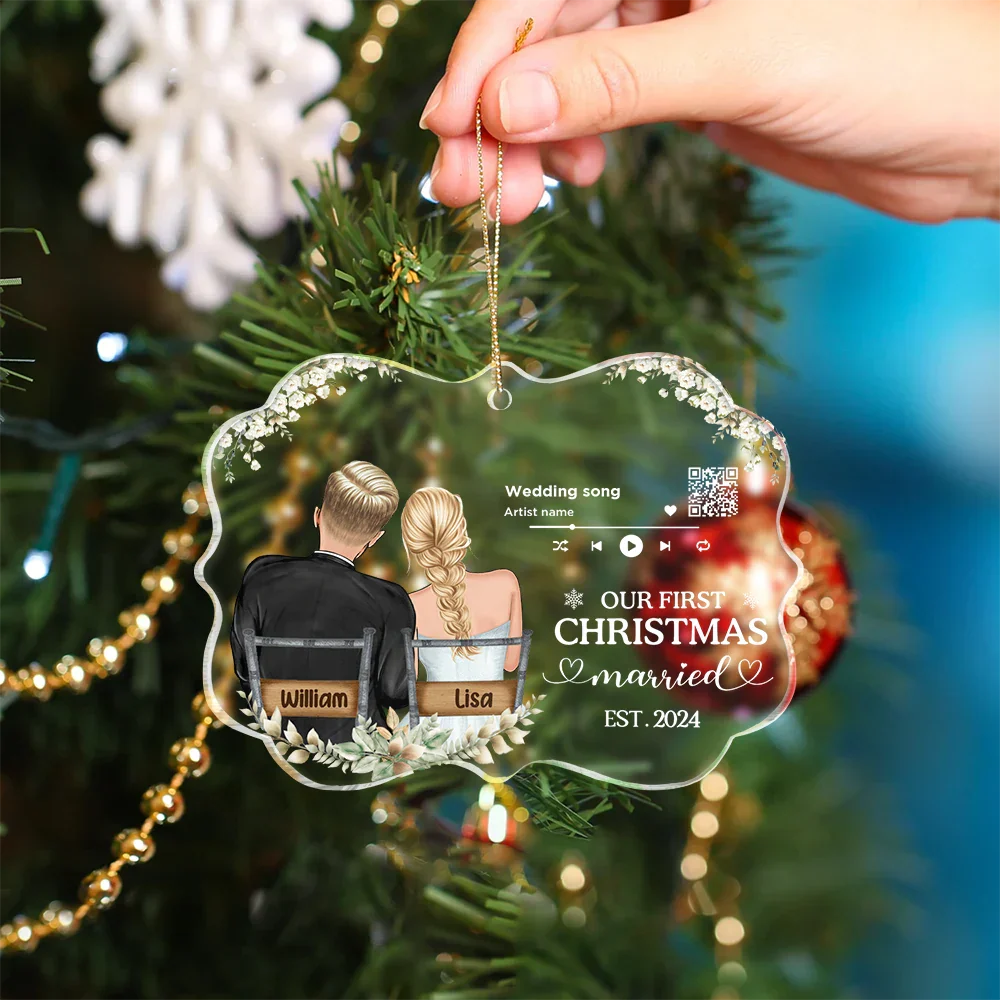 Song QR Code First Christmas Couples - Personalized Medallion Acrylic Ornament - Image 5