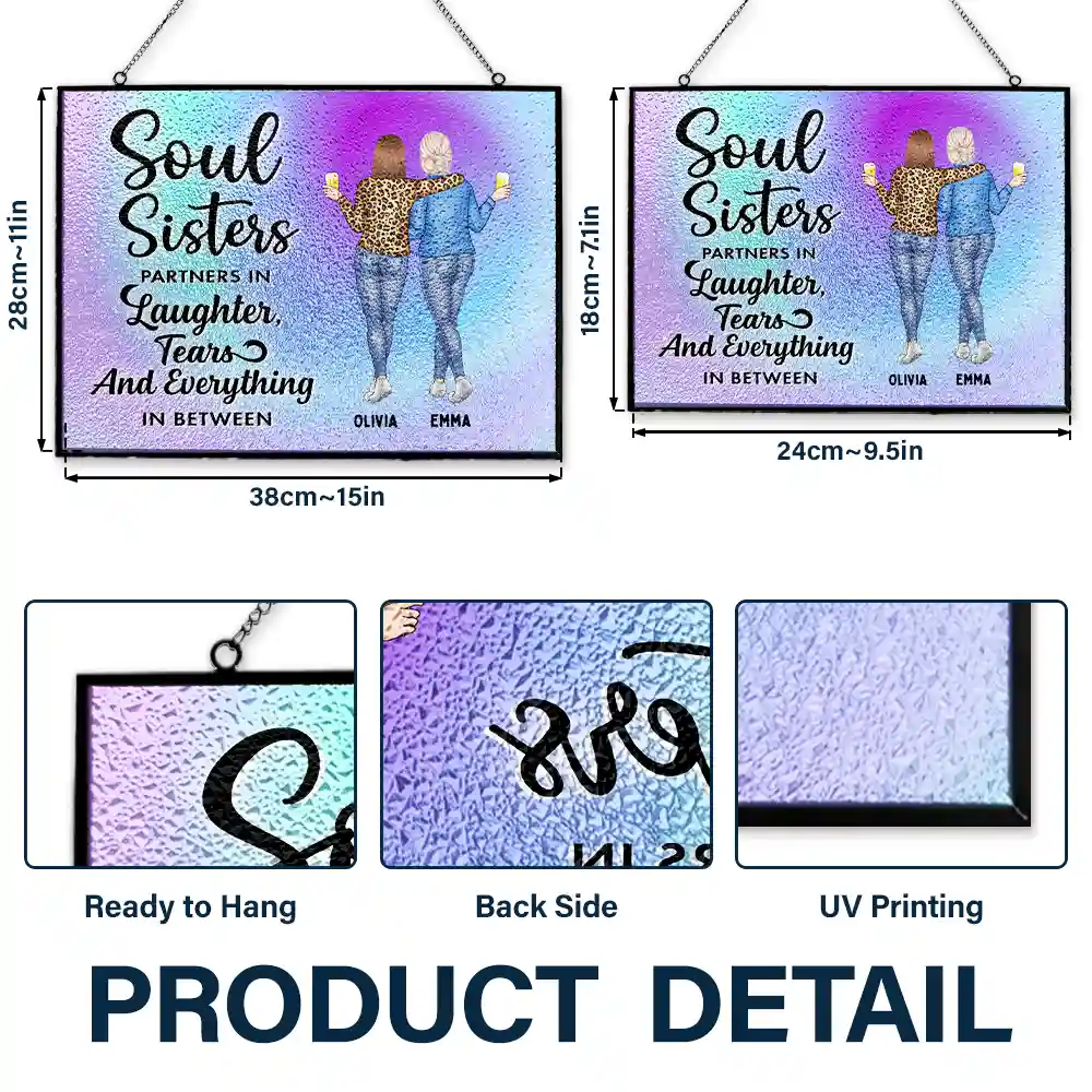 Soul Sisters Partners In Everything - Personalized Horizontal Stained Glass Suncatcher - Image 3