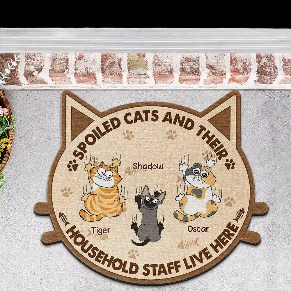 Spoiled Cats And Their Household Staff Live Here - Personalized Custom Shaped Doormat - Image 3
