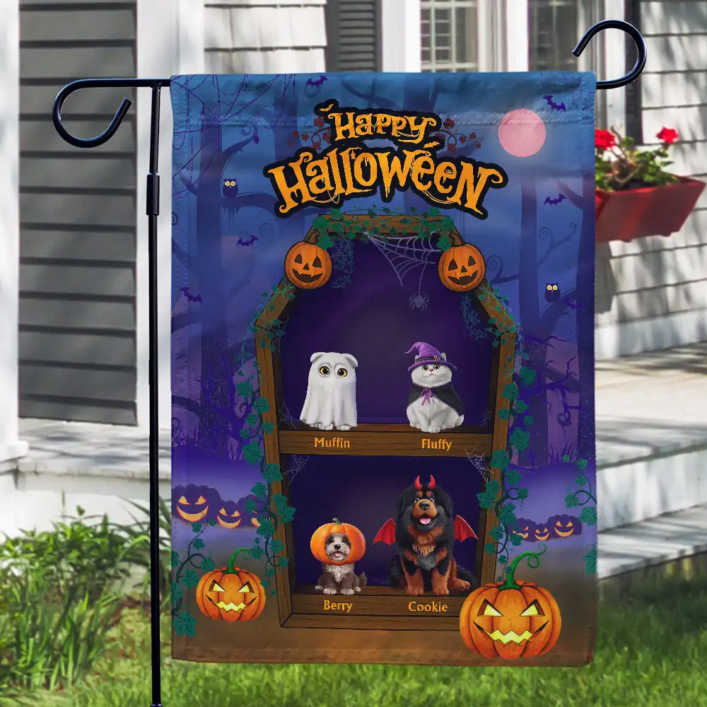 Spooky Cute Pets In Coffin Shelves - Personalized Flag - Image 3