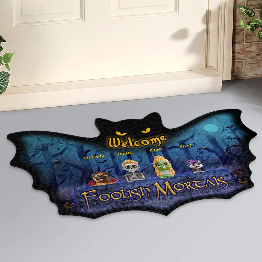 Spooky Wings Welcome Foolish Mortals - Personalized Custom Shaped Doormat - Image 2