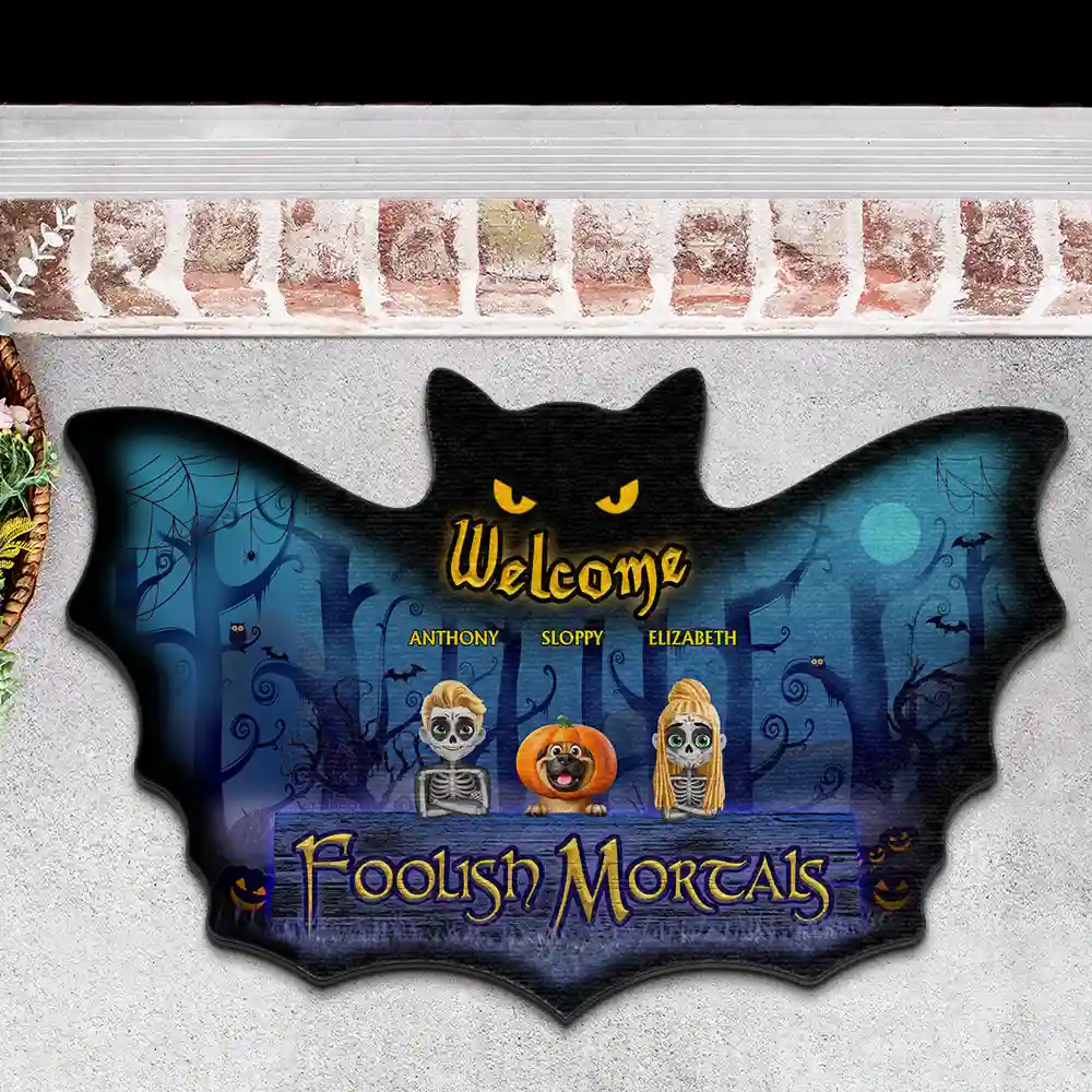 Spooky Wings Welcome Foolish Mortals - Personalized Custom Shaped Doormat - Image 3