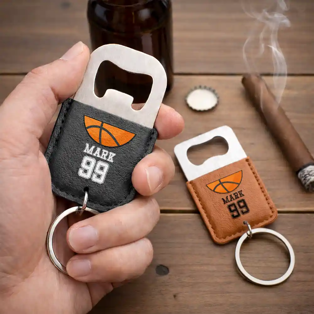 Sport Dad Baseball Basketball - Personalized Leather Bottle Opener Keychain - Image 2