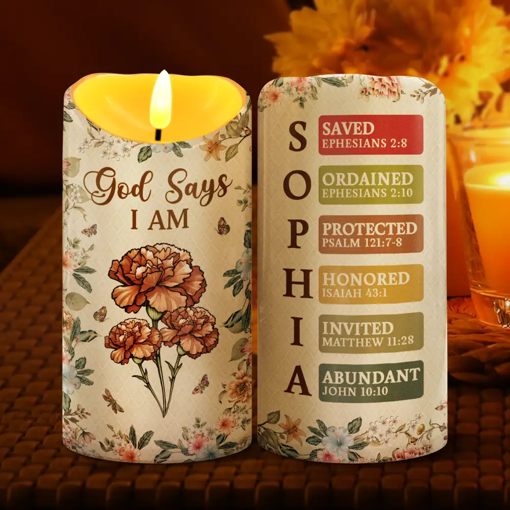 Stained Glass Birth Flower Mosaic Art God Says I Am - Personalized Flameless LED Candle - Image 2